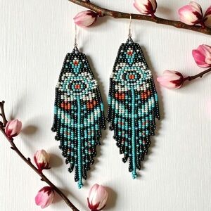 Mossy Multicoloured Flower Pattern Beaded Tassle Earrings. New.